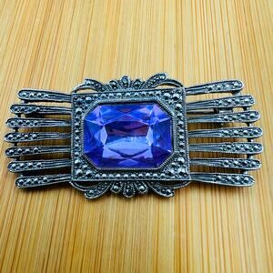 1928 Brand Art Deco Brooch Silver Tone & Light Purple Faceted Cabochon Vintage